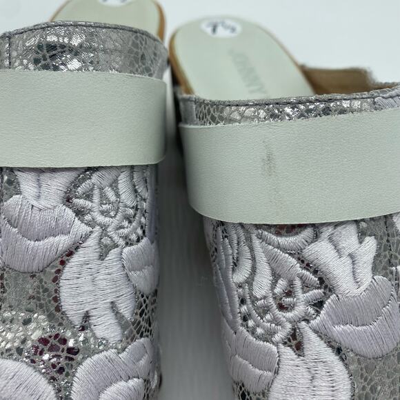 Johnny Was Women size 7.5 / 8.5 Dormi Silver Green Leather Brocade Wooden Clogs - Picture 9 of 10